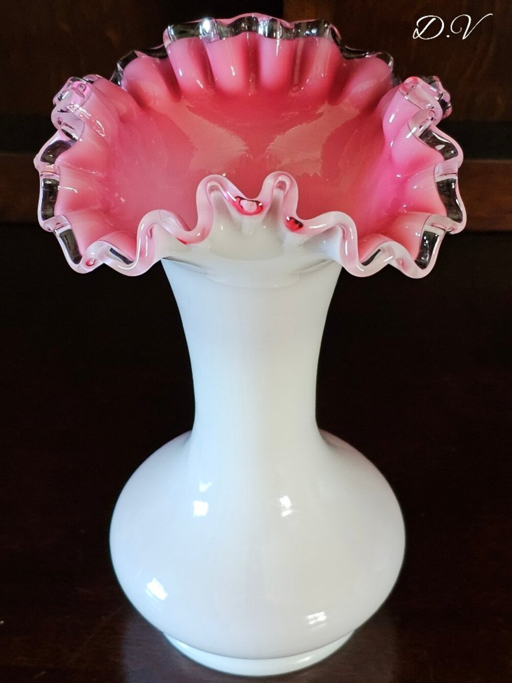 Fenton White Milk Glass Cased Pink/Peach Silvercrest Vase, Vintage